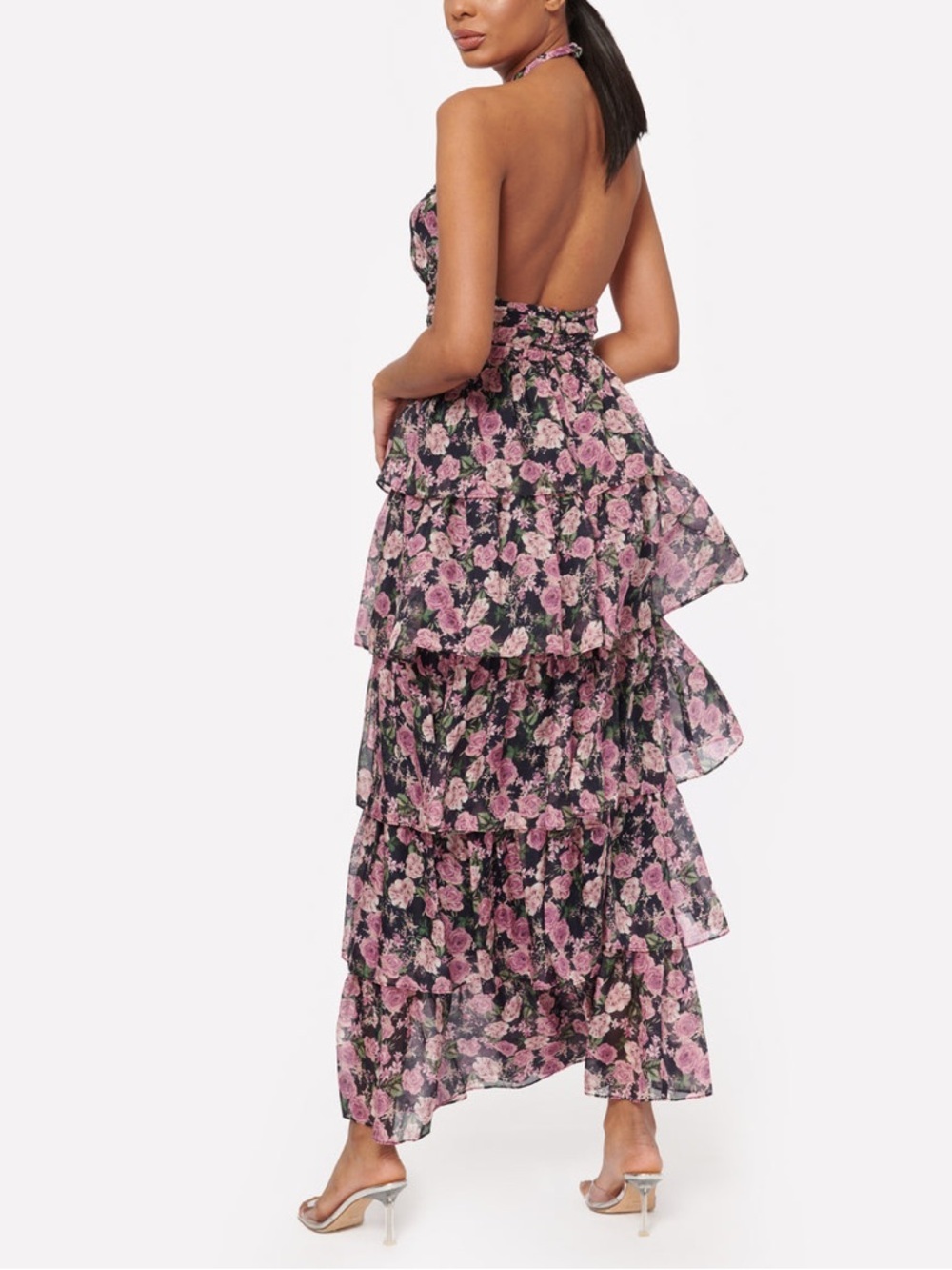 Cami NYC Evina Dress in Mulberry Rose Silk Tiered Floral Twist Halter Top Formal - Picture 3 of 10